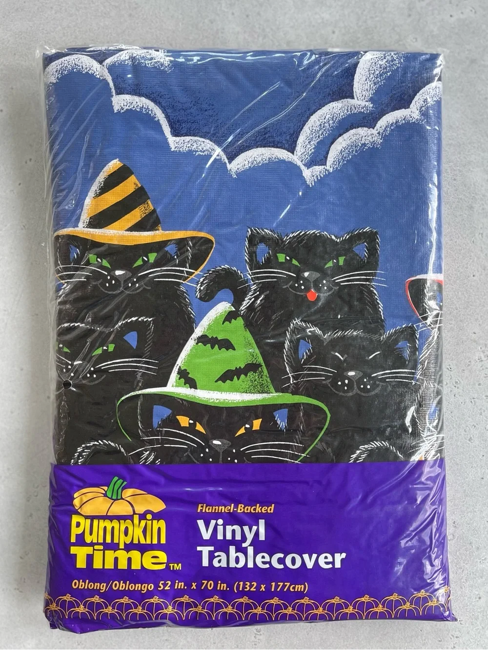 Vintage Halloween Vinyl Tablecloth Witchy Black Cats Pumpkin Time 90s 52”x70”